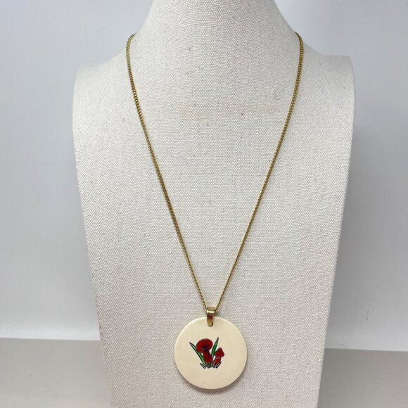 Vintage Mushroom Pendant Necklace Groovy 70s Long Length Chain Gold-Tone - Picture 2 of 9